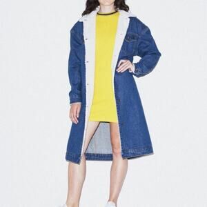 American Apparel Long Denim Sherpa Jacket Women's L Medium Wash Duster Cotton